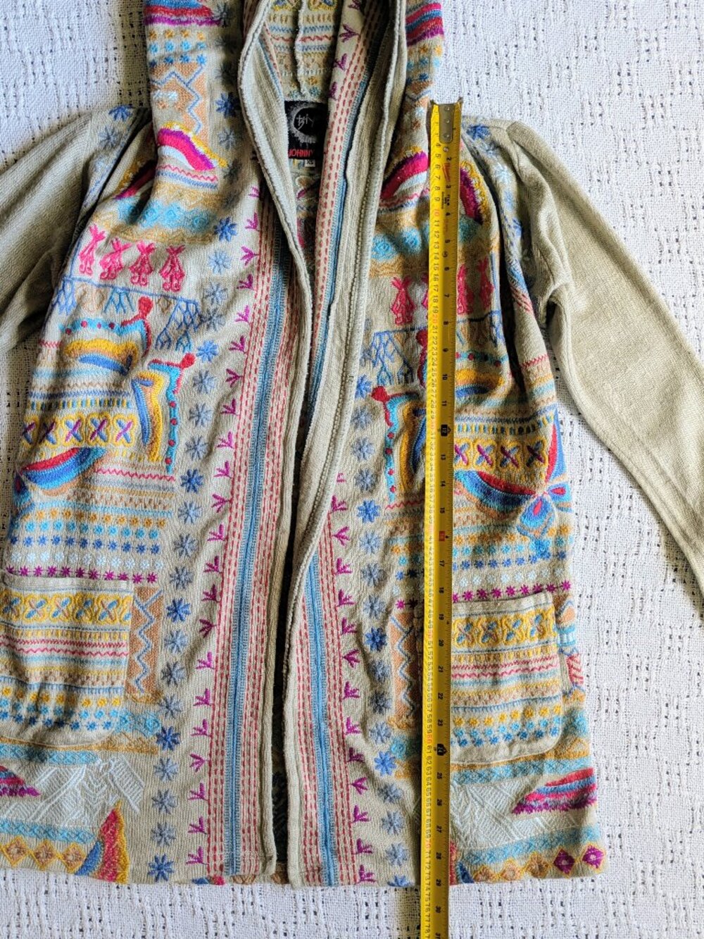 JOHNNY WAS BIYA Women's Embroidered Hooded Duster Cardigan Butterfly Beige Sz XS - Picture 5 of 7